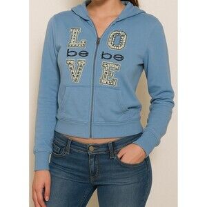 Vintage Y2K Bebe Jeweled Full Zip Zip-Up Hoodie Sz L Blue Love Bebe